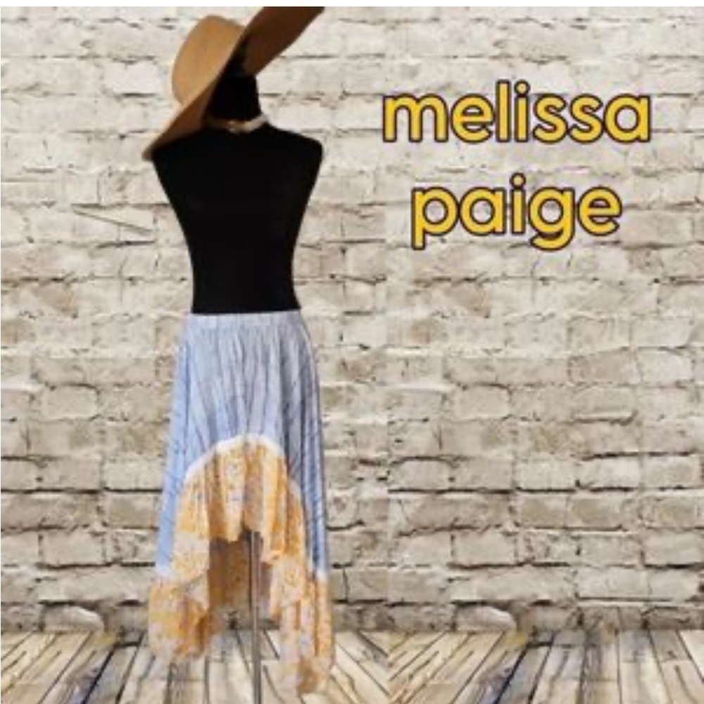 Melissa Paige Asymmetric Maxi SKIRT Striped Floral Blue/Yellow S/P Elastic Waist